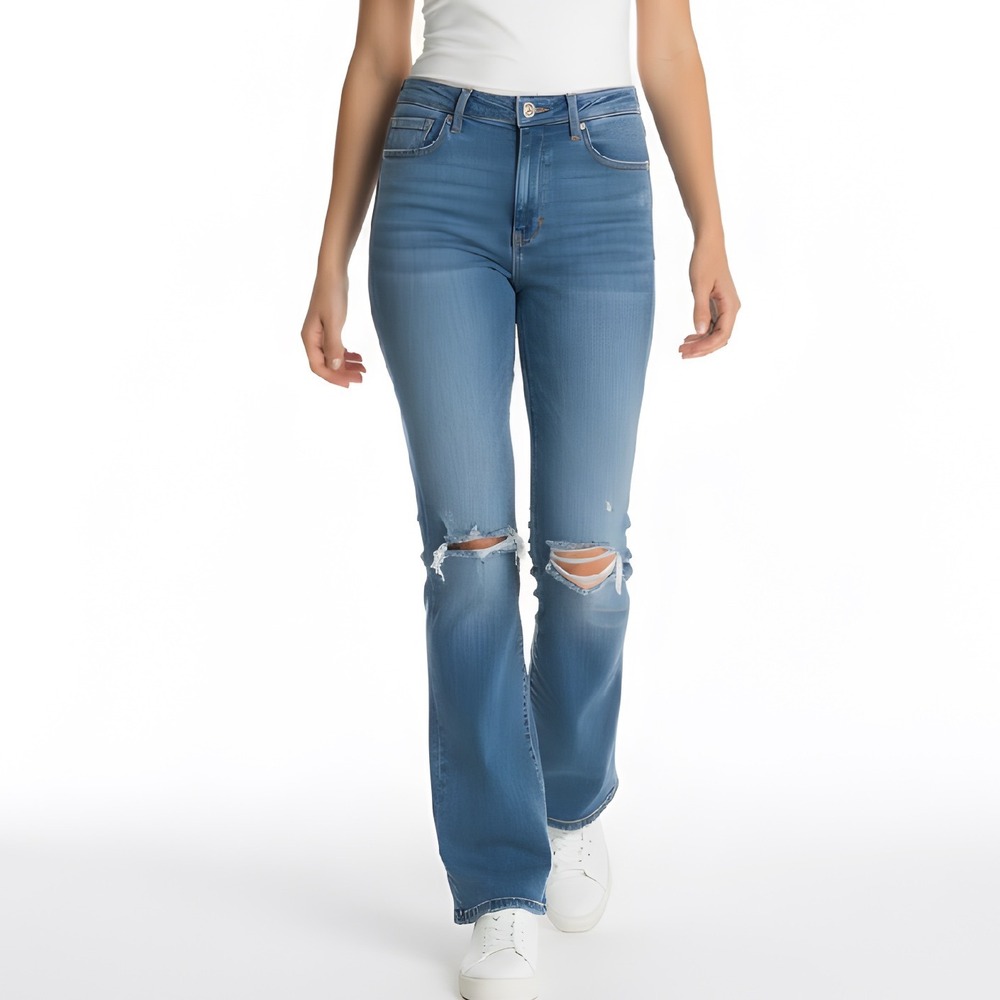 Levis 726 High Rise Flare Jeans Womens 30 Light Wash Blue Distress/Ripped Denim